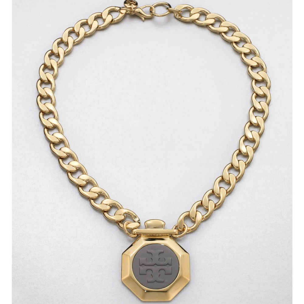 Tory Burch Daren Logo Pendant Necklace In Antique Gold
